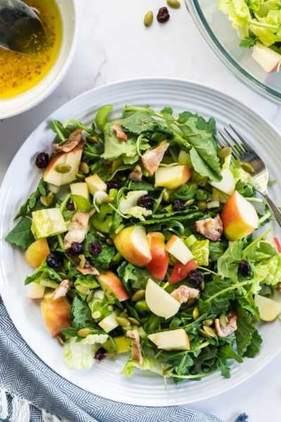 flatlay view of a plat of bacon apple arugula salad with cranberries, pumpkin seeds and a bowl of lemon vinaigrette on the side