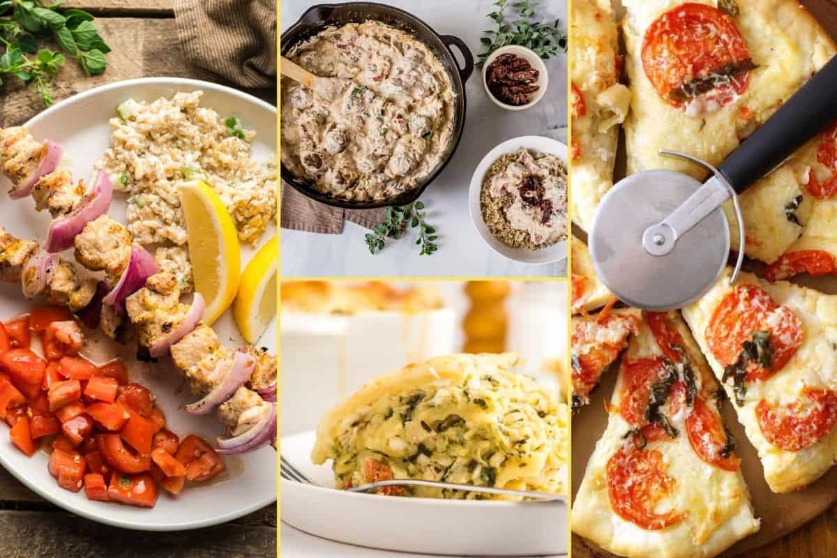 A collage of images of the dinner recipes featured in week 111 of the supper club meal plan.